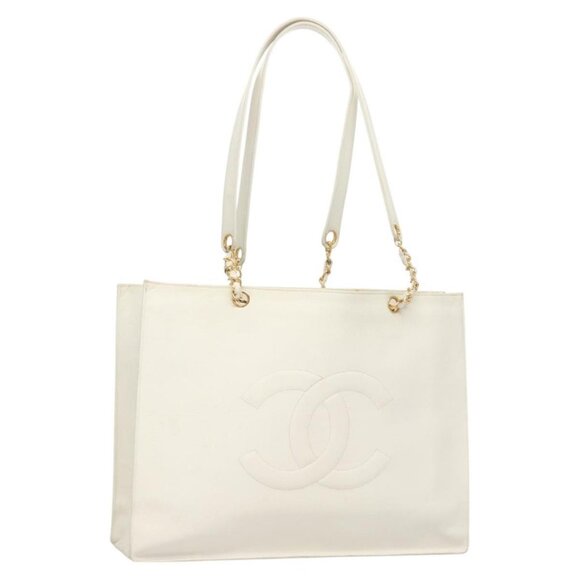 CHANEL Tote Bag Caviar Skin White Gold CC Auth bs24531 - Picture 1 of 16